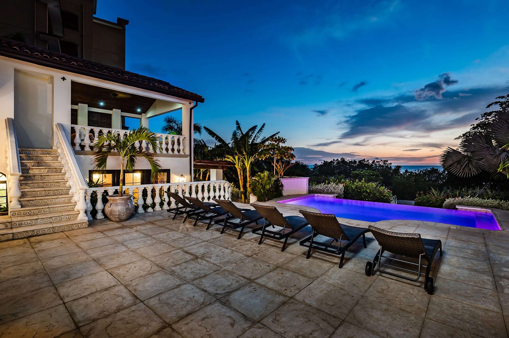 sunset view by the pool of Carolina del Mar in Langosta, Costa Rica.